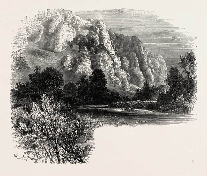 Dove dale, the dales of Derbyshire, country, UK, U.K., Britain, British, Europe, United Kingdom, Great Britain, European, 19th century engraving