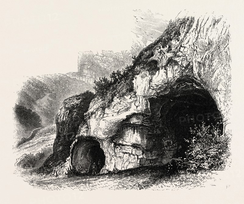 The Dove Holes, Dove Dale, the dales of Derbyshire, country, UK, U.K., Britain, British, Europe, United Kingdom, Great Britain, European, 19th century engraving