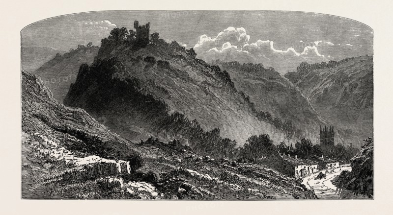 Peveril Castle, the dales of Derbyshire, country, UK, U.K., Britain, British, Europe, United Kingdom, Great Britain, European, 19th century engraving