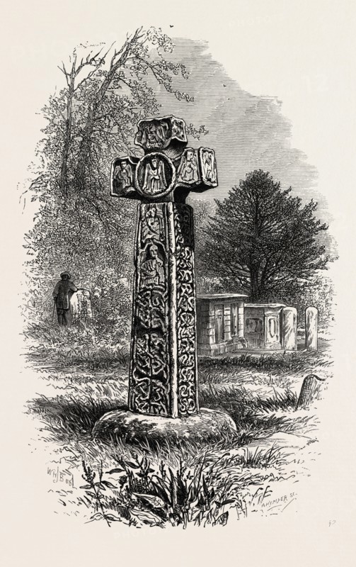 Cross at Eyam, the dales of Derbyshire, UK, U.K., Britain, British, Europe, United Kingdom, Great Britain, European, 19th century engraving