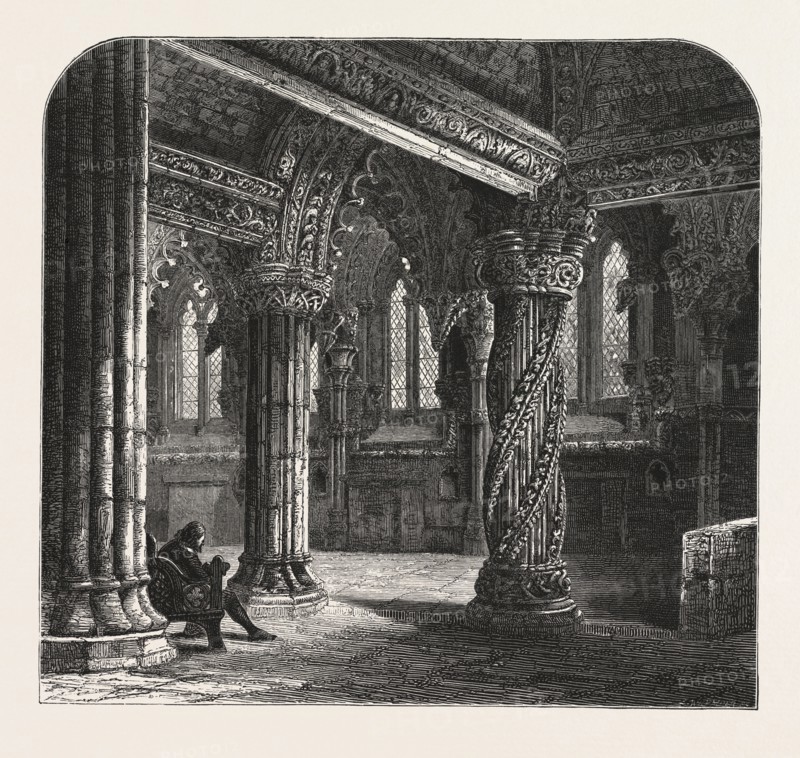 The Apprentice Pillar in Roslin Chapel, Edinburgh and the South Lowlands, Scotland, Great Britain, UK, U.K., Britain, British, Europe, United Kingdom, European, 19th century engraving
