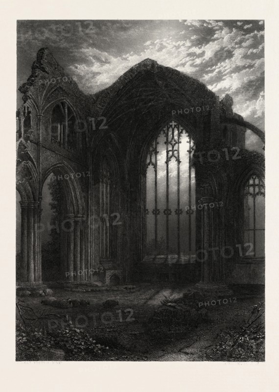 Melrose Abbey, Scotland, Great Britain, UK, U.K., Britain, British, Europe, United Kingdom, European, 19th century engraving