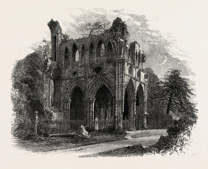 Sir Walter Scott's Tomb, Dryburgh Abbey, Edinburgh and the South Lowlands, Scotland, Great Britain, UK, U.K., Britain, British, Europe, United Kingdom, European, 19th century engraving
