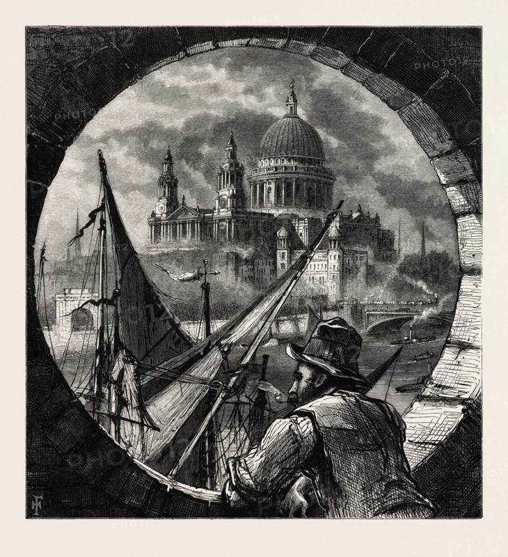 St. Paul's, from the Shot Tower, SCENERY OF THE THAMES, UK, U.K., Britain, British, Europe, United Kingdom, Great Britain, European, 19th century engraving