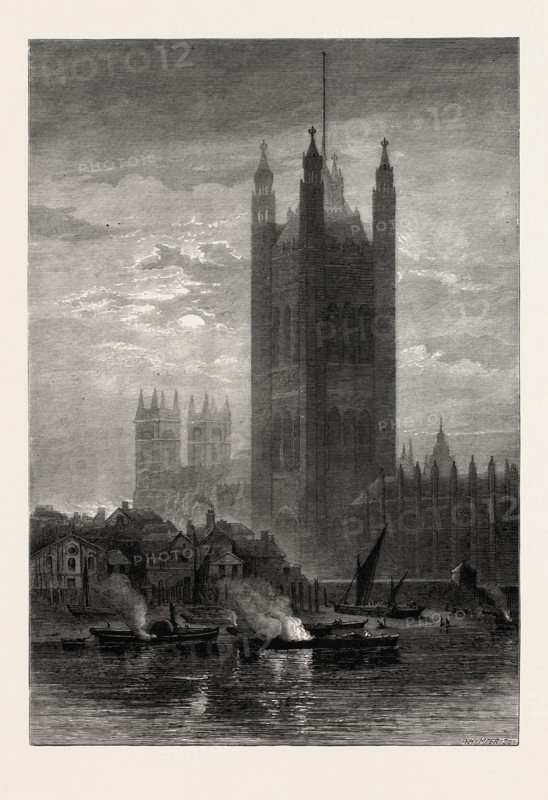 THE VICTORIA TOWER, FROM LAMBETH, SCENERY OF THE THAMES, UK, U.K., Britain, British, Europe, United Kingdom, Great Britain, European, 19th century engraving