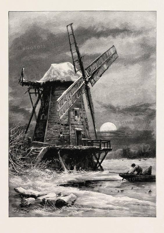 The Old Hampton Windmill, SCENERY OF THE THAMES, UK, U.K., Britain, British, Europe, United Kingdom, Great Britain, European, 19th century engraving