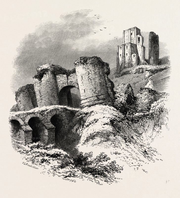 Corfe Castle, the south coast, UK, U.K., Britain, British, Europe, United Kingdom, Great Britain, European, 19th century engraving