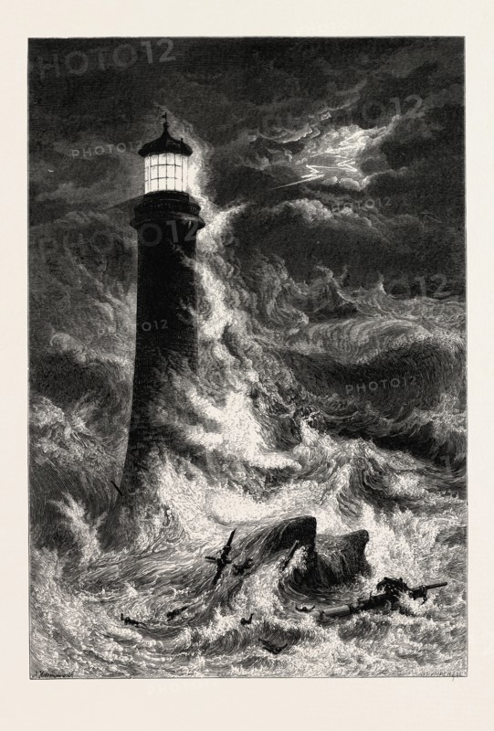 EDDYSTONE LIGHTHOUSE, the south coast, UK, U.K., Britain, British, Europe, United Kingdom, Great Britain, European, 19th century engraving