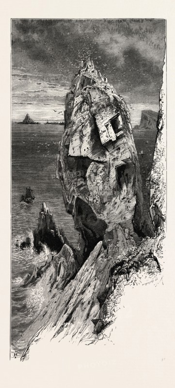 Mullion Gull Rock, the south coast, UK, U.K., Britain, British, Europe, United Kingdom, Great Britain, European, 19th century engraving