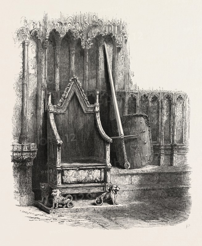 Coronation Chair, with Sword and Shield of Edward III. , Westminster Abbey, london, UK, U.K., Britain, British, Europe, United Kingdom, Great Britain, European, 19th century engraving