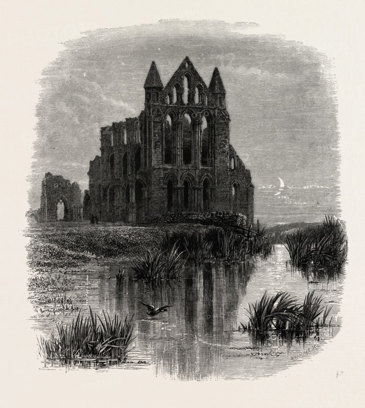 Whitby Abbey, UK, U.K., Britain, British, Europe, United Kingdom, Great Britain, European, 19th century engraving