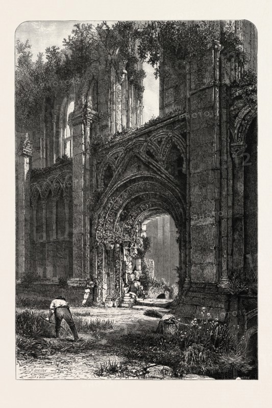 GLASTONBURY ABBEY, UK, U.K., Britain, British, Europe, United Kingdom, Great Britain, European, 19th century engraving
