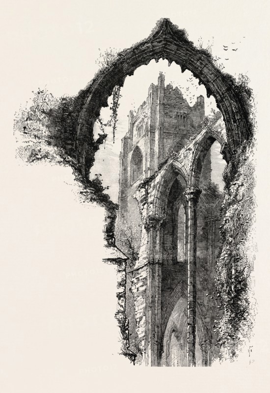 Fountains Abbey, UK, U.K., Britain, British, Europe, United Kingdom, Great Britain, European, 19th century engraving