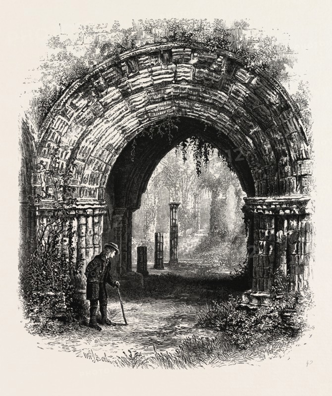Furness Abbey, UK, U.K., Britain, British, Europe, United Kingdom, Great Britain, European, 19th century engraving