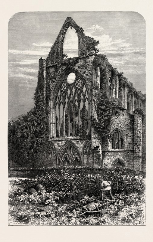 WEST FRONT OF TINTERN ABBEY, UK, U.K., Britain, British, Europe, United Kingdom, Great Britain, European, 19th century engraving