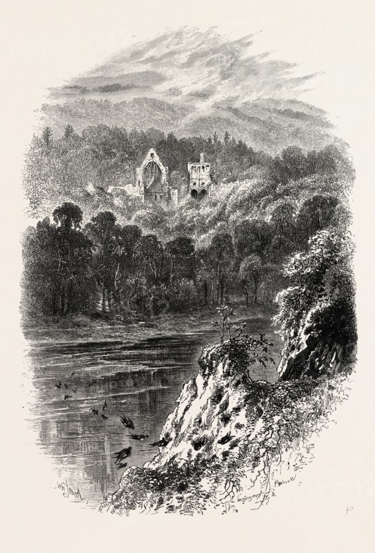 DRYBURGH ABBEY, UK, U.K., Britain, British, Europe, United Kingdom, Great Britain, European, 19th century engraving