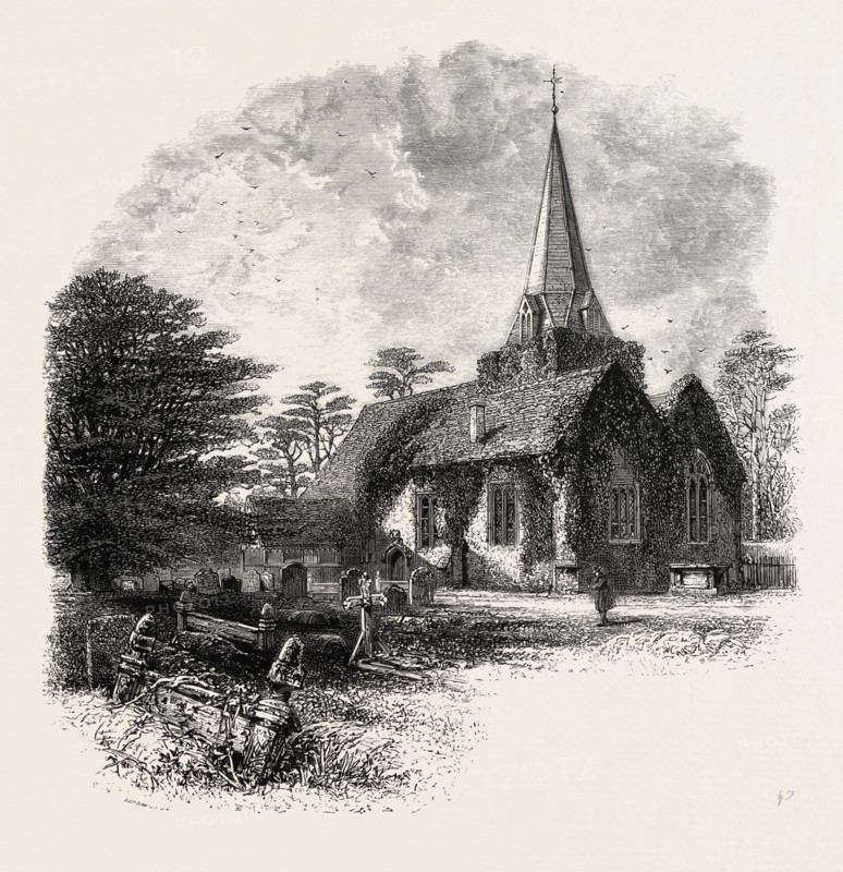 Stoke Pogis, UK, U.K., Britain, British, Europe, United Kingdom, Great Britain, European, 19th century engraving