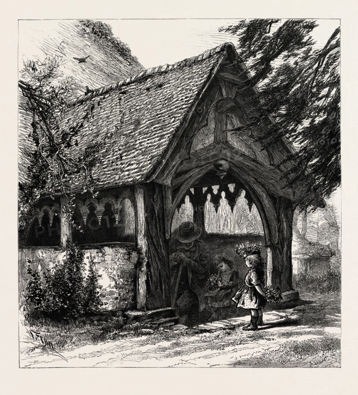 Porch of Stoke Pogis, UK, U.K., Britain, British, Europe, United Kingdom, Great Britain, European, 19th century engraving