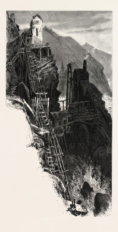 Botallack Mine, The land's end, UK, U.K., Britain, British, Europe, United Kingdom, Great Britain, European, 19th century engraving