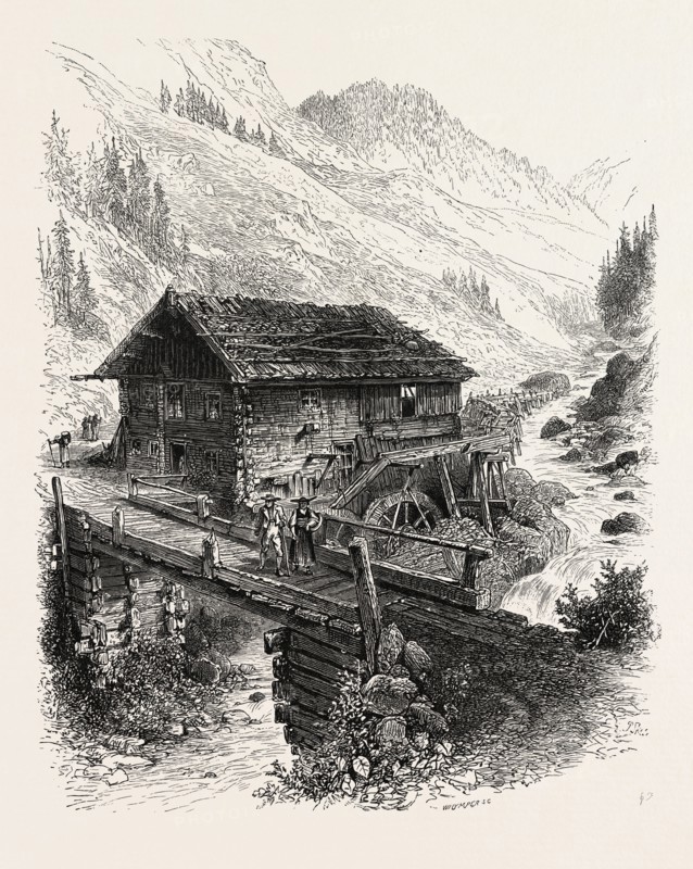 Mill on the Julier Pass, Switzerland, 19th century engraving