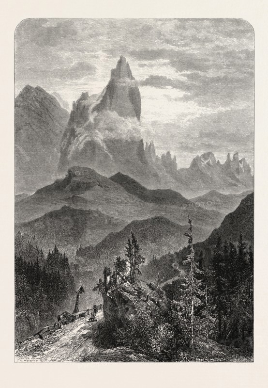CIMON DELLA PALA, Cimone, Dolomites, Italy, 19th century engraving
