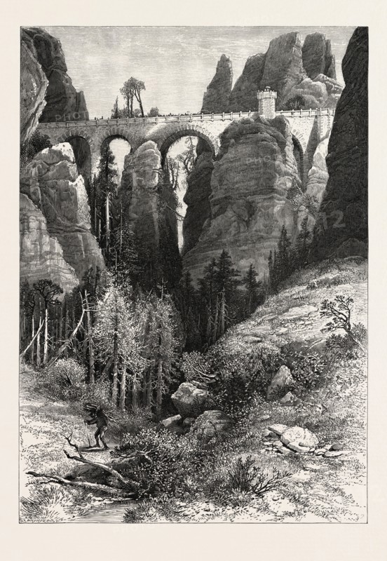 THE BASTEI BRIDGE, Saxon Switzerland, Sachsische Schweiz,  bastei, Germany, 19th century engraving