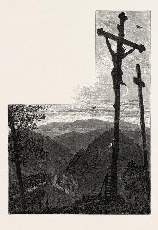 Calvary, Karlsbad, Andelska Hora, Engelhaus, Karlovy Vary, Czech Republic, 19th century engraving