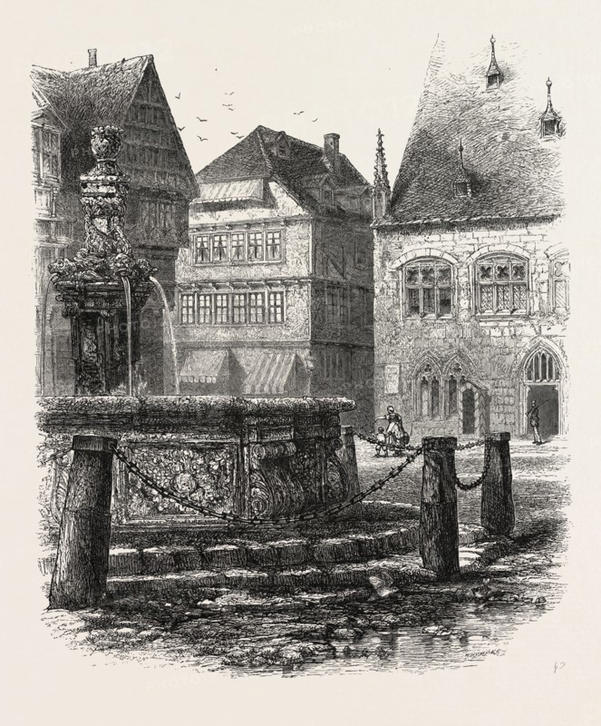 Fountain in Halberstadt, Germany, 19th century engraving