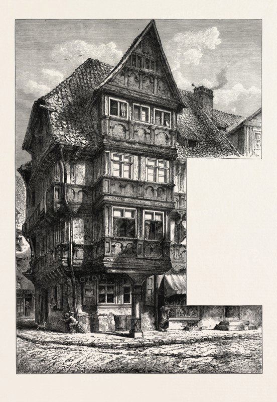 Old Houses in Halberstadt, Germany, 19th century engraving