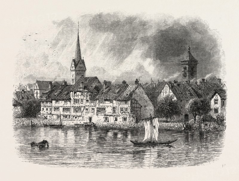Schaffhausen, from the River, Switzerland, 19th century engraving