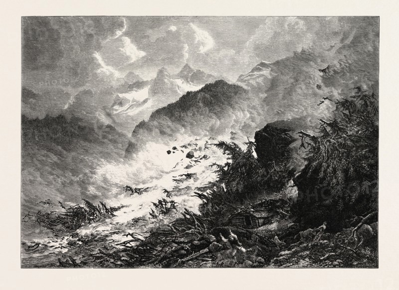 AVALANCHE, MADERANER THAL, MADERANER VALLEY, SWITZERLAND, 19th century engraving