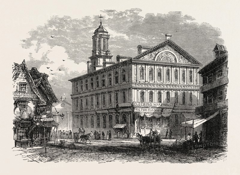 FANEUIL HALL, BOSTON, UNITED STATES OF AMERICA, US, USA, 1870s engraving