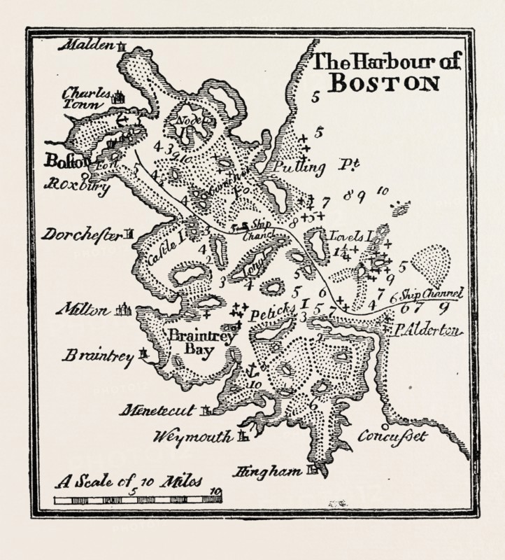 PLAN OF THE HARBOUR OF BOSTON AT THE BEGINNING OF THE 18TH CENTURY, UNITED STATES OF AMERICA, US, USA, 1870s engraving