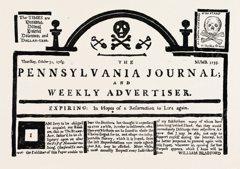 FACSIMILE OF THE  PENNSYLVANIA JOURNAL  ON THE STAMP ACT. American Historical and Literary Curiosities, US, USA, 1870s engraving