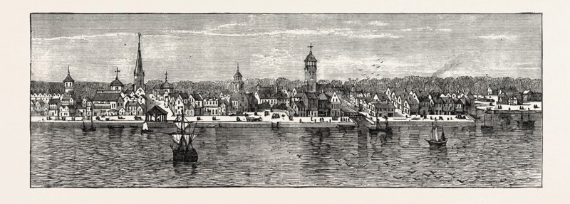NEW YORK IN THE MIDDLE OF THE EIGHTEENTH CENTURY, UNITED STATES OF AMERICA, US, USA, 1870s engraving