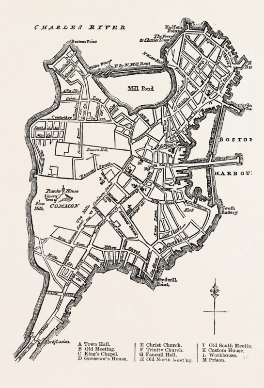 A PLAN OF BOSTON, UNITED STATES OF AMERICA, From Faden's North American Atlas, 1777, US, USA, 1870s engraving