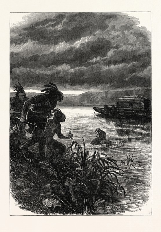 TRADERS ON THE OHIO ATTACKED BY INDIANS, UNITED STATES OF AMERICA, US, USA, 1870s engraving