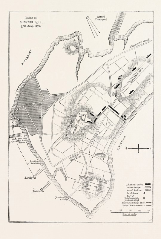 PLAN OF THE BATTLE OF BUNKER'S HILL. (Showing the First and Second Positions of the Troops), UNITED STATES OF AMERICA, US, USA, 1870s engraving