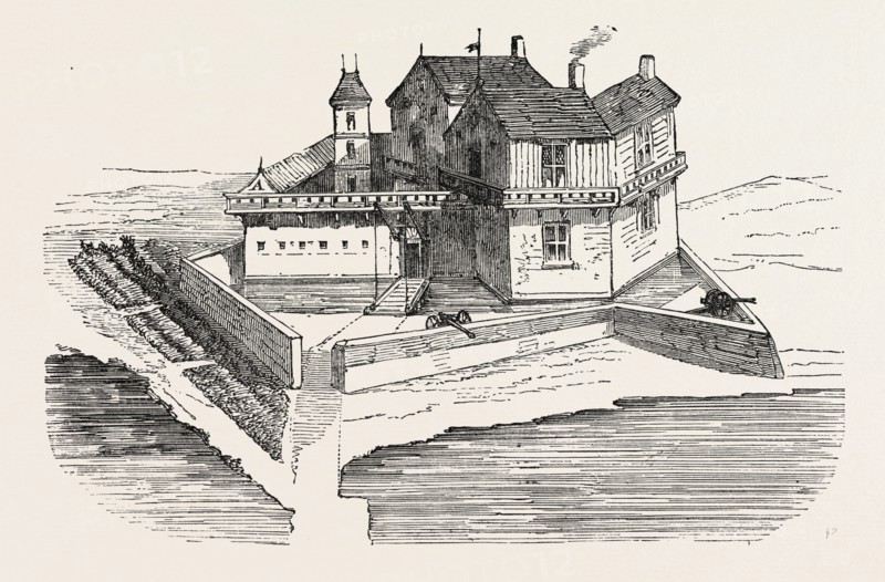 FIRST HOUSE ERECTED IN QUEBEC, CANADA, 1870s engraving