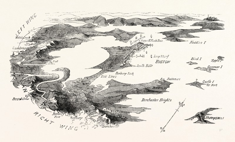 PLAN OF THE BLOCKADE OF BOSTON, UNITED STATES OF AMERICA, US, USA, 1870s engraving
