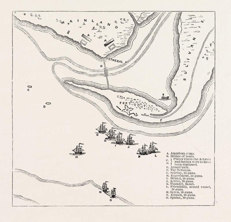 PLAN OF ATTACK ON SULLIVAN'S ISLAND, From Faden's Atlas, UNITED STATES OF AMERICA, US, USA, 1870s engraving