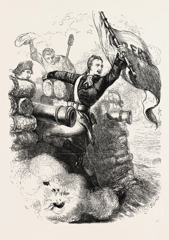 SERGEANT JASPER RECOVERS THE FLAG, US, USA, 1870s engraving