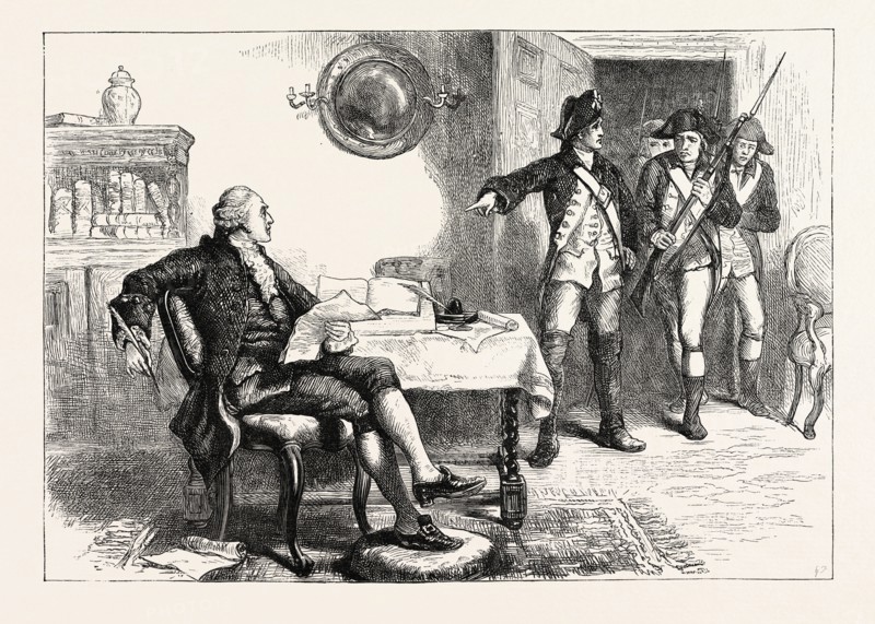 ARREST OF WILLIAM FRANKLIN; He was a British American soldier, attorney, and colonial administrator, US, USA, 1870s engraving