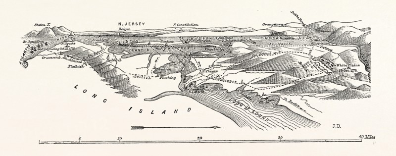 PLAN OF THE BRITISH OPERATIONS IN NEW YORK, UNITED STATES OF AMERICA, US, USA, 1870s engraving