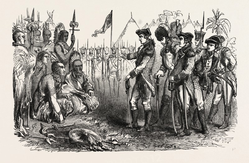 GENERAL BURGOYNE ADDRESSING THE INDIANS, UNITED STATES OF AMERICA, US, USA, 1870s engraving