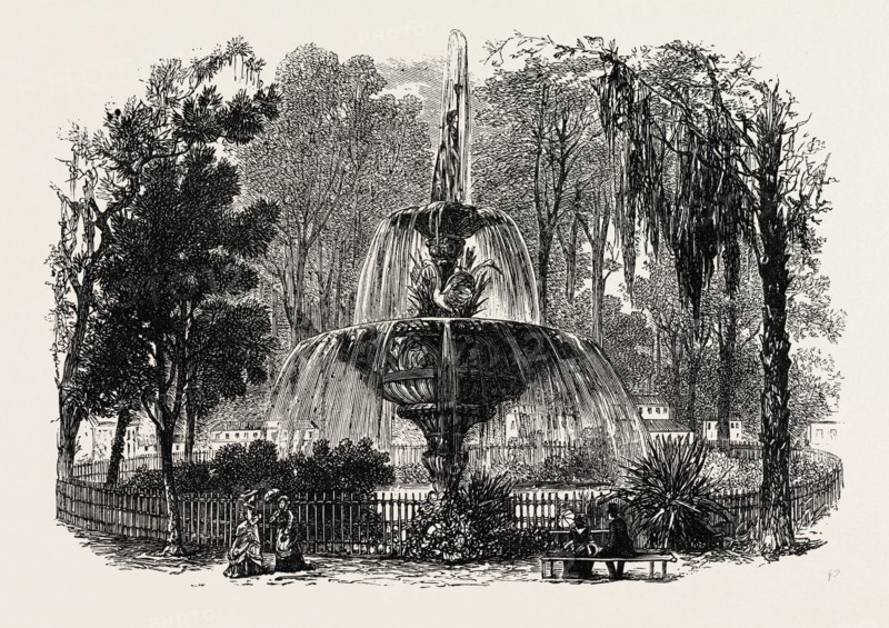 VIEW IN THE PARK, SAVANNAH, UNITED STATES OF AMERICA, US, USA, 1870s engraving