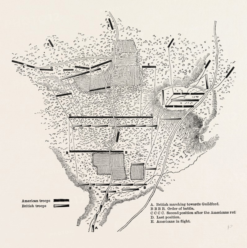 PLAN OF THE BATTLE OF GUILDFORD. From Stedman'S History of the American War. UNITED STATES OF AMERICA, US, USA, 1870s engraving