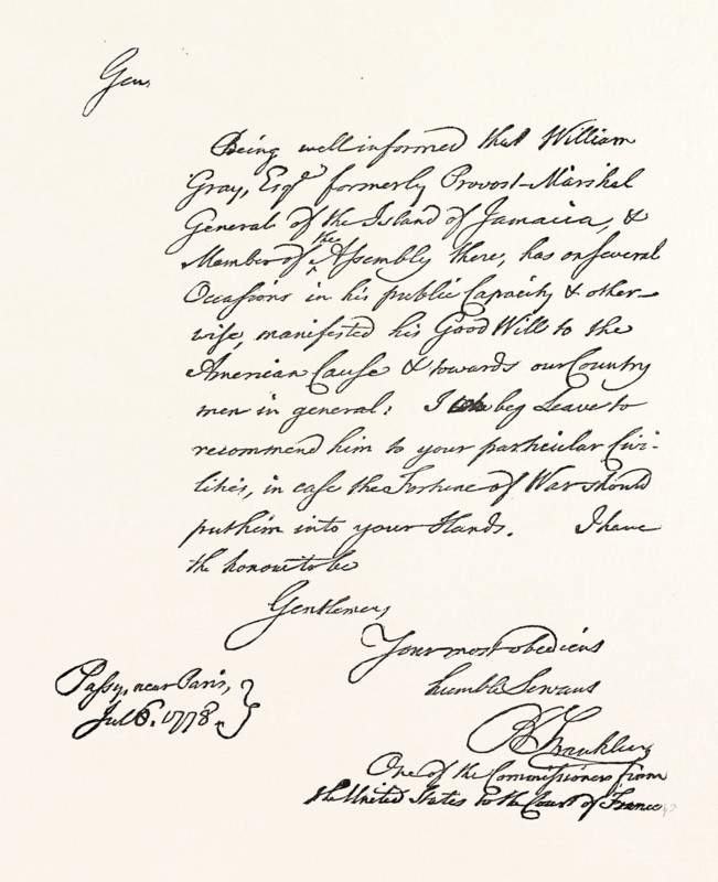 A PASS FROM FRANKLIN TO WILLIAM GRAY, US, USA, 1870s engraving
