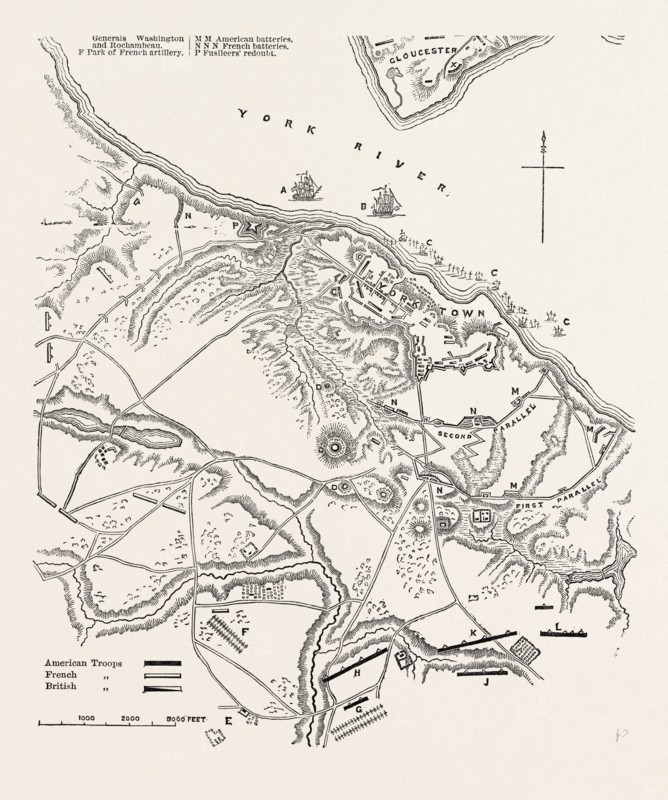 PLAN OF THE SIEGE OF YORKTOWN. (From Stedman's History of the American War.) AMERICAN REVOLUTIONARY WAR, UNITED STATES OF AMERICA, US, USA, 1870s engraving