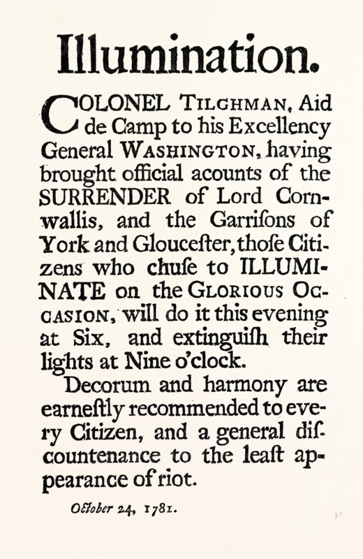 REDUCED FACSIMILE OF THE PROCLAMATION RESPECTING ILLUMINATIONS ON THE SURRENDER OF CORNWALLIS, US, USA, 1870s engraving